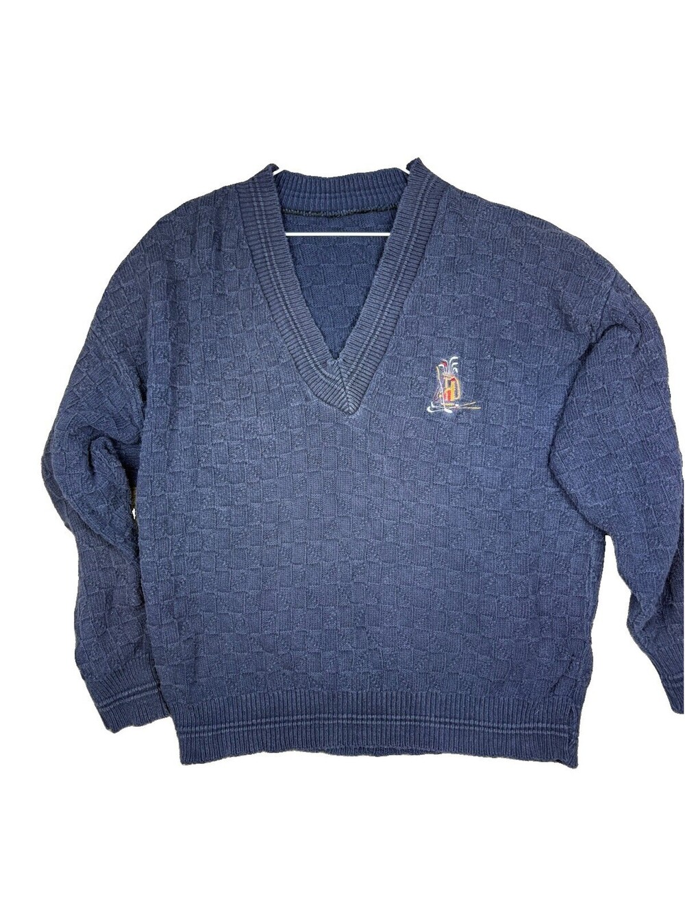 Vintage Golf Sweater Fits Large Navy Blue Checkered Knit